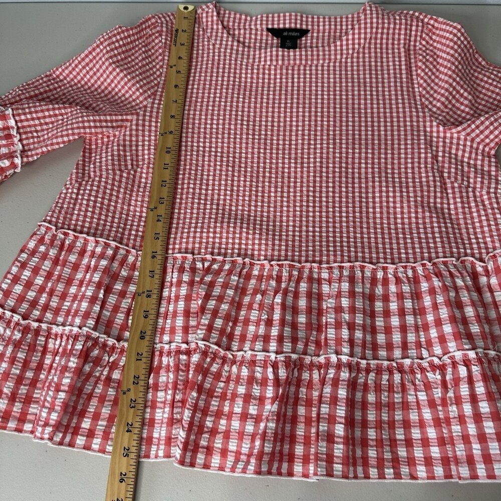 Ali Miles Gingham Ruffle Top Size L Petite Coral White - Picture 9 of 9